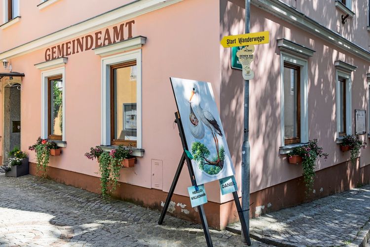 Ein rosa Gebäude mit der Aufschrift „GEMEINDEAMT“. Vor dem Gebäude steht ein Schild mit einer Illustration eines Storchs, der ein Baby im Schnabel trägt. Daneben ein gelbes Wegweiserschild mit der Aufschrift „Start Wanderwege“. Blumenkästen schmücken die Fenster des Gebäudes. Pflastersteine bedecken den Boden.