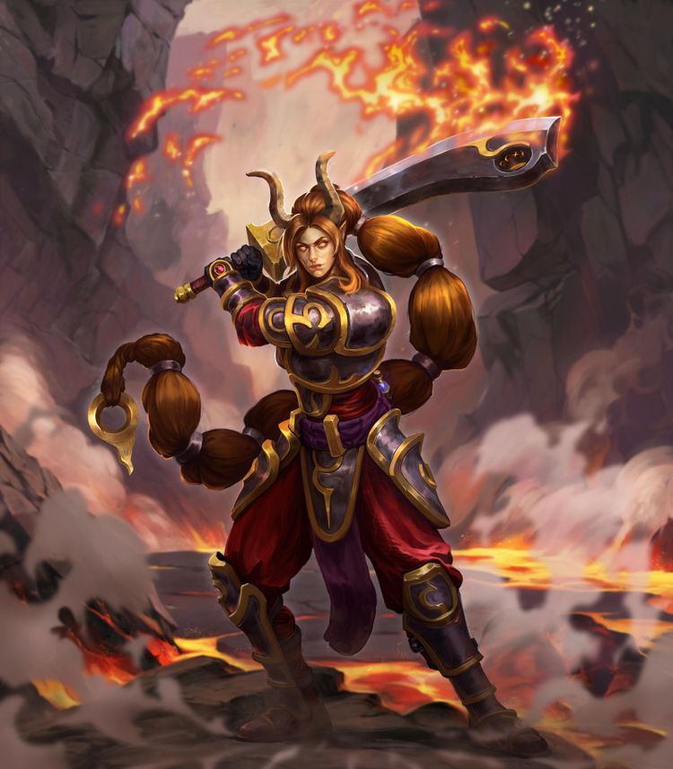 Ein Artwork zeigt eine schwertschwingende gehörnte Frau mit flammenschwert.