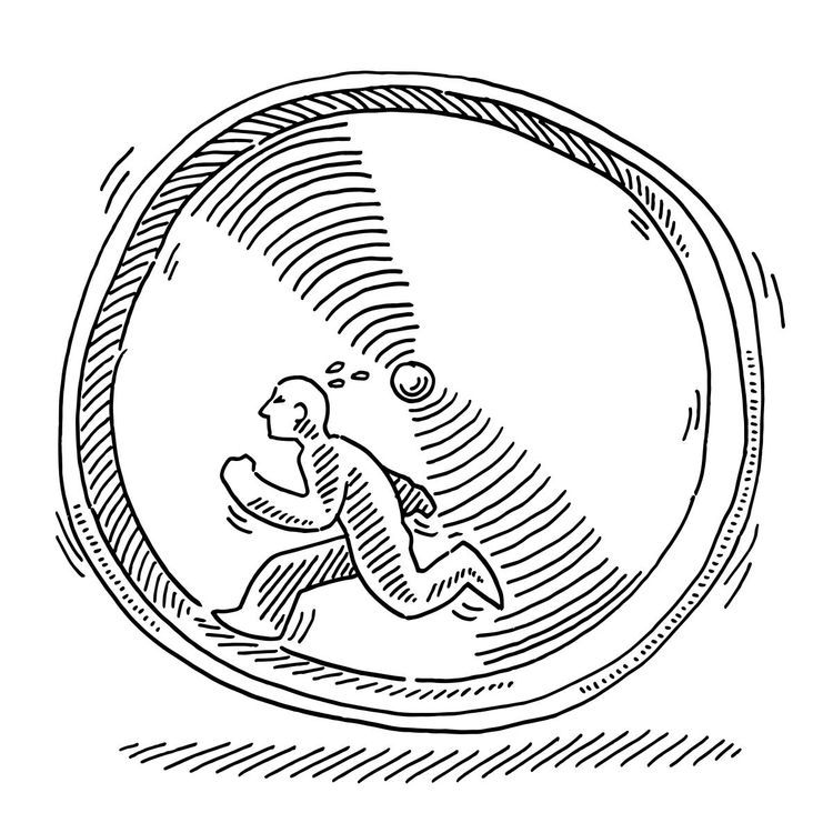 Zeichnung eines im Hamsterrad laufenden Menschen