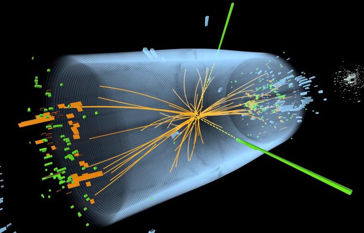 Computerbild mit einem blauen Zylinder und Teilchenbahnen im Inneren.