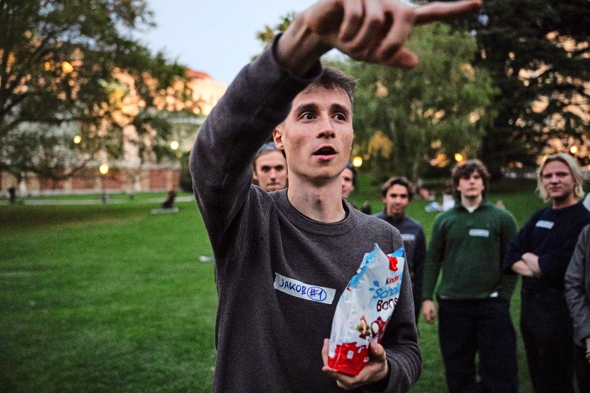 Ein junger Mann in einem dunkelgrauen Pullover mit einem Namensschild 