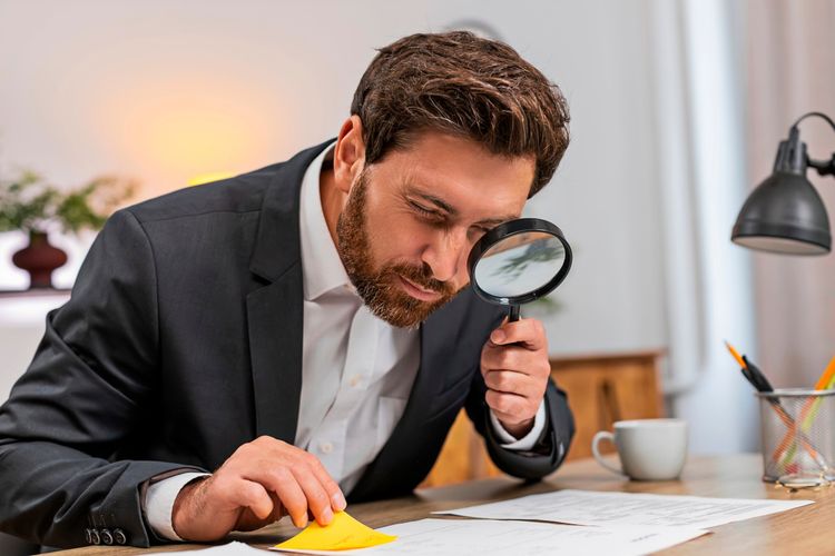 Ein Geschäftsmann mittleren Alters in einem Homeoffice betrachtet ein Dokument mit einer Lupe. Er hält einen gelben Haftnotizzettel und schreibt darauf. Auf dem Tisch liegen weitere Unterlagen sowie Büromaterial.