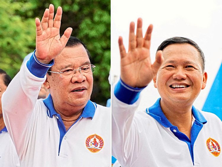 Links ist Kambodschas Premierminister Hun Sen zu sehen, rechts dessen Sohn Hun Manet.