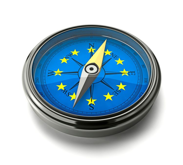 3D-Rendering eines Kompasses mit blauem Hintergrund und gelben Sternen, die dem Symbol der EU-Flagge entsprechen.