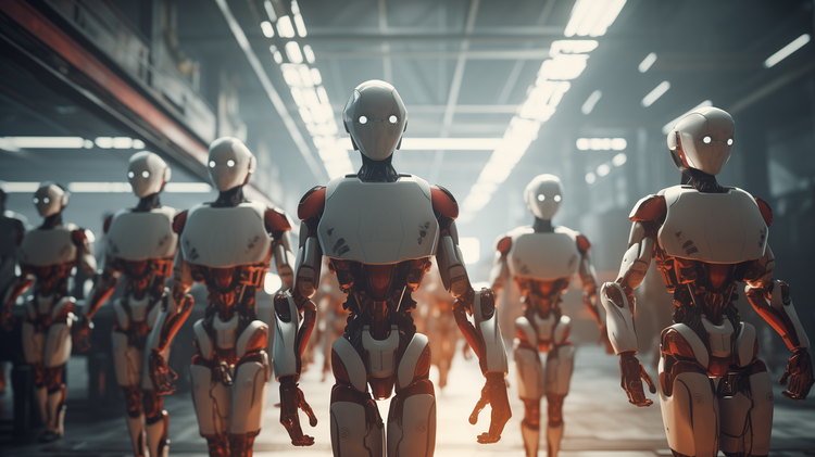 Roboter in Fabrikshalle, generiert mit der Bilder-KI Midjourney.