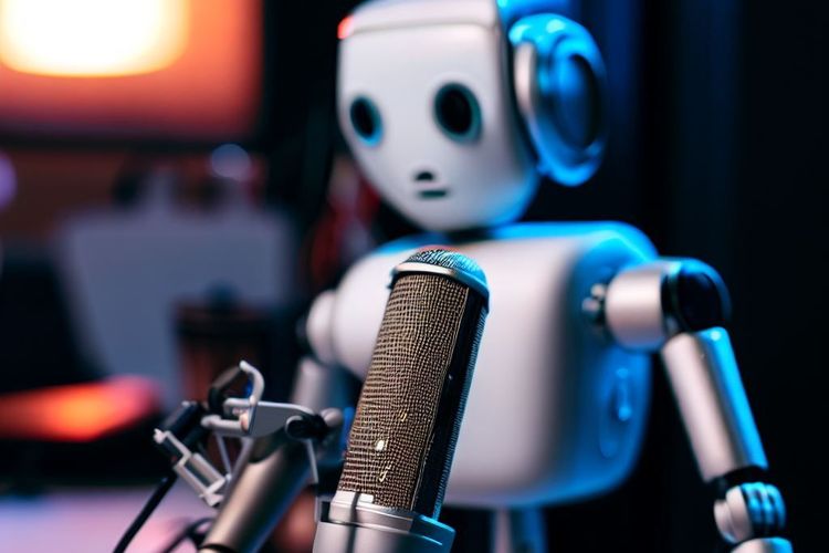 Ein Roboter spricht in ein Mikrofon