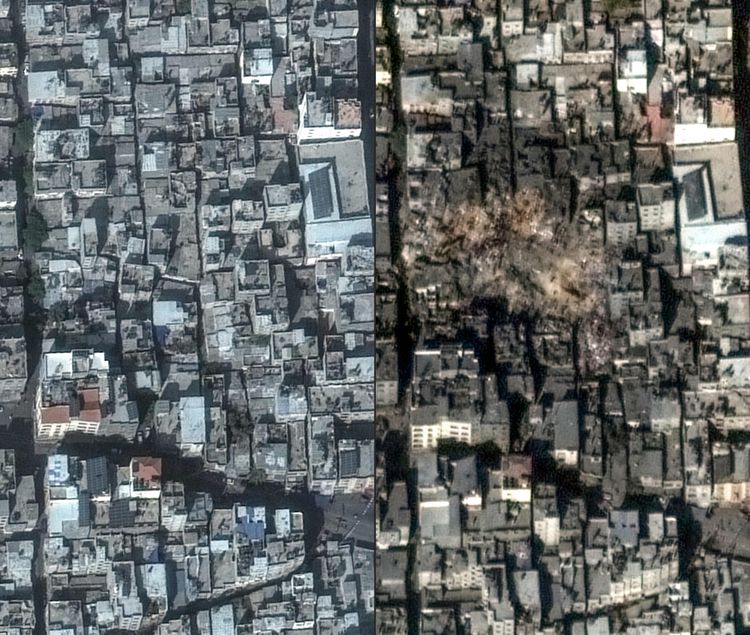 Das Flüchtlingslager Jabalia auf Satellitenbildern vor und nach dem israelischen Angriff vom Dienstag.