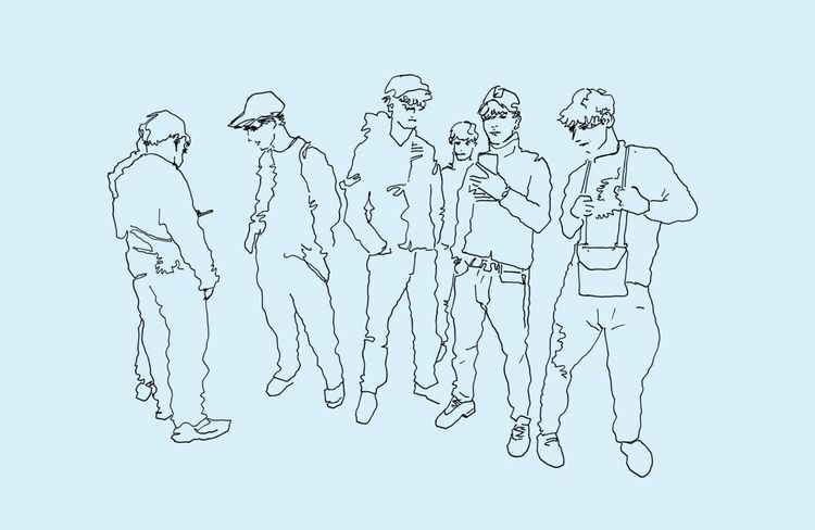 Eine grafische Darstellung zeigt sechs Jugendliche in typischen Posen, mit Bauchtaschen, Handys und Kappen.