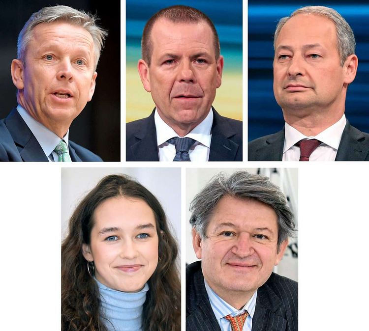 Die Spitzenkandidaten für die EU-Wahl am 09. Juni 2024 (v.l.n.r.) Reinhold Lopatka (ÖVP), Harald Vilimsky (FPÖ), Andreas Schieder (SPÖ), Lena Schilling (Grüne) und Helmut Brandstätter (NEOS).