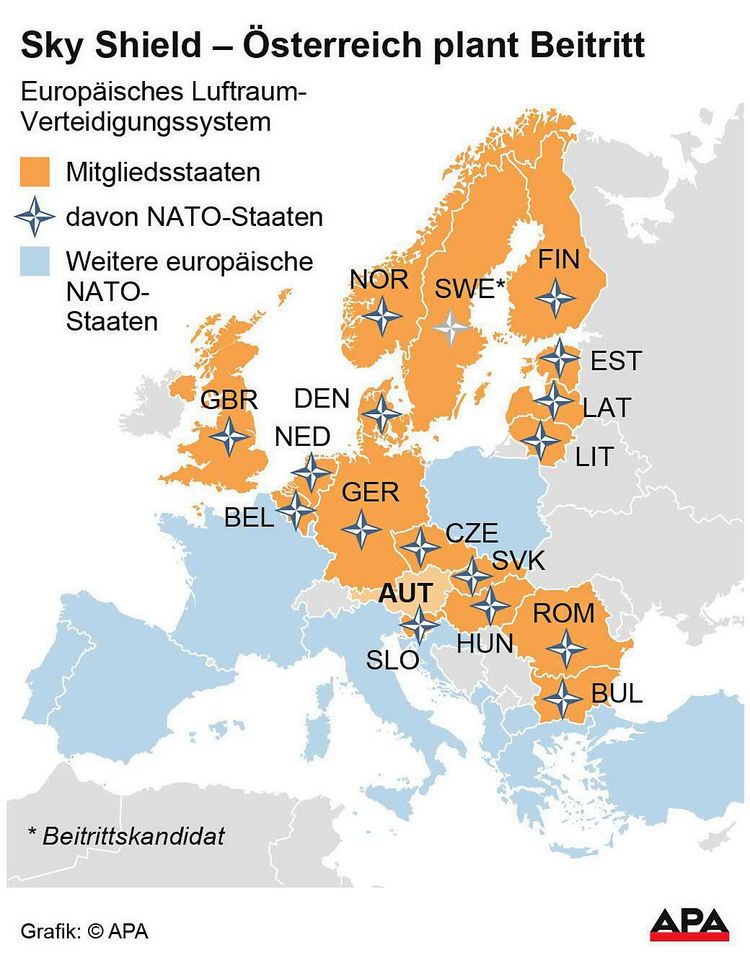 Europakarte mit Mitgliedsstaaten von Sky Shield sowie NATO-Länder.