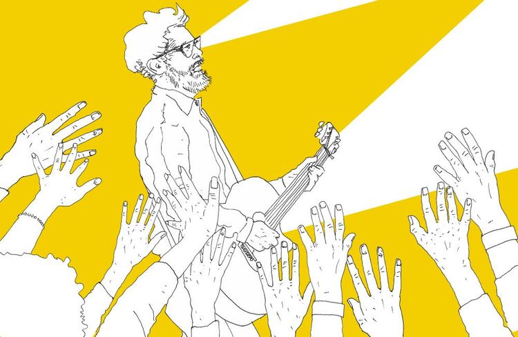 Eine Illustration auf der ausgestreckte Hände zu sehen sind, die einem evangelikalen Sänger sinnlich zujubeln.