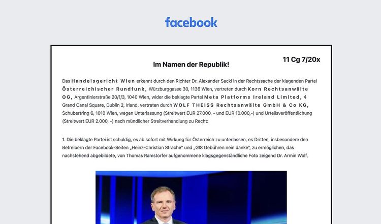 Facebook muss Urteil zu ORF-Foto von Armin Wolf in Österreich veröffentlichen - und 30 Tage lang zeigen.