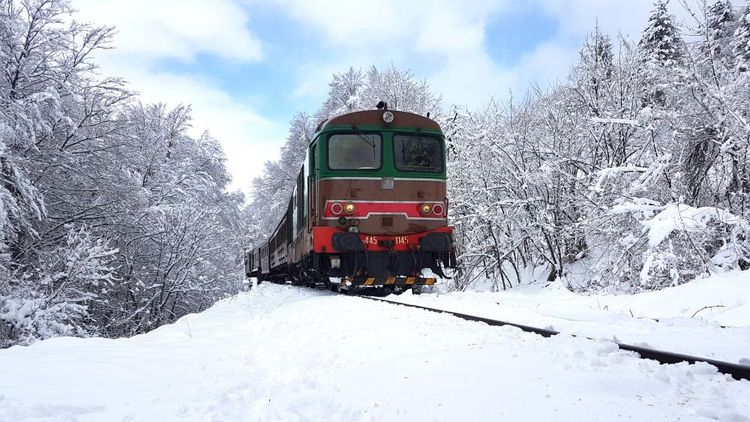 Ein Zug fährt durch eine verschneite Landschaft