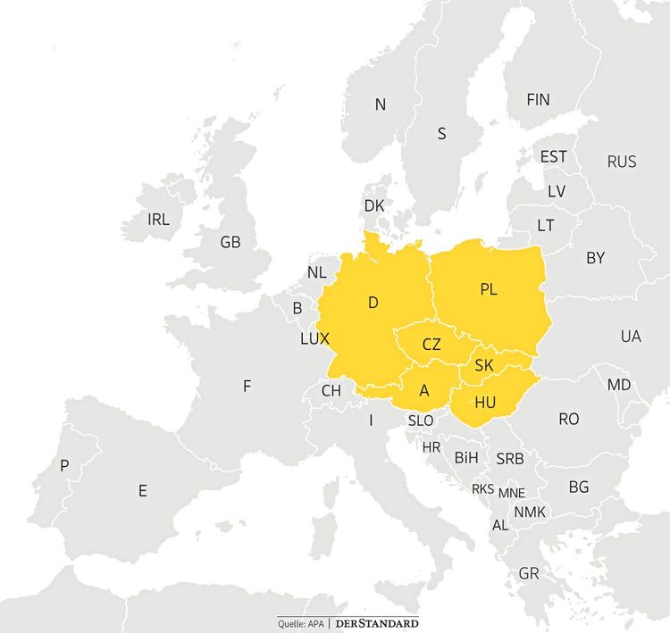Kartengrafik: Tschechien, Slowakei, Polen, Ungarn, Österreich, Deutschland