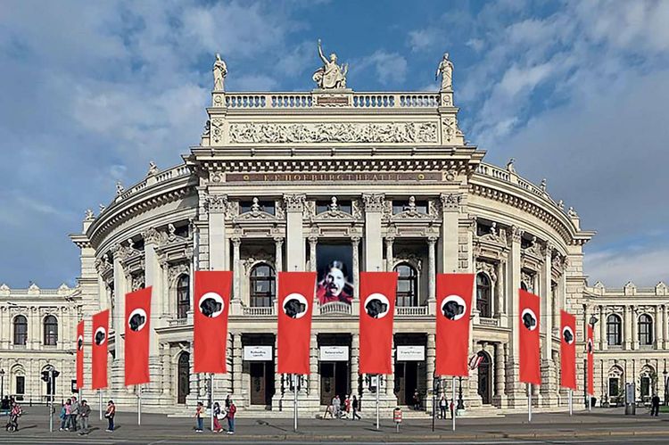 Fotomontage zur Beflaggung des Burgtheaters anlässlich des Theaterstücks 