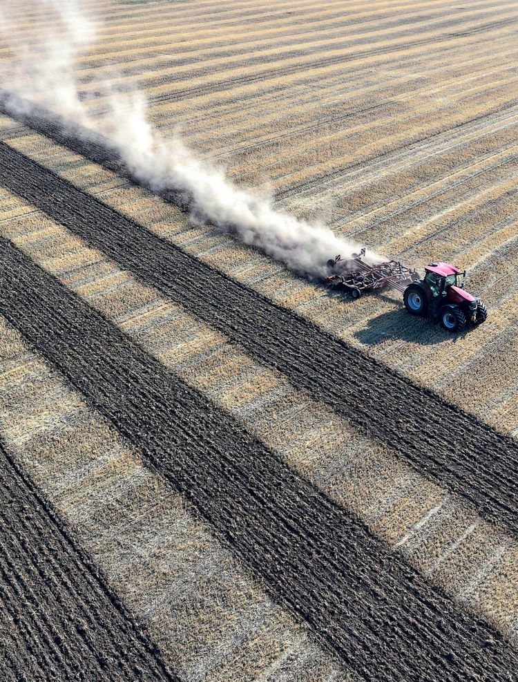 Luftaufnahme eines Traktors auf einem trockenen Feld in Niederösterreich, der den Boden nach der Getreideernte auflockert. Eine Staubwolke zieht hinter dem Traktor her, da der Boden von anhaltender Trockenheit und Hitze ausgetrocknet ist.