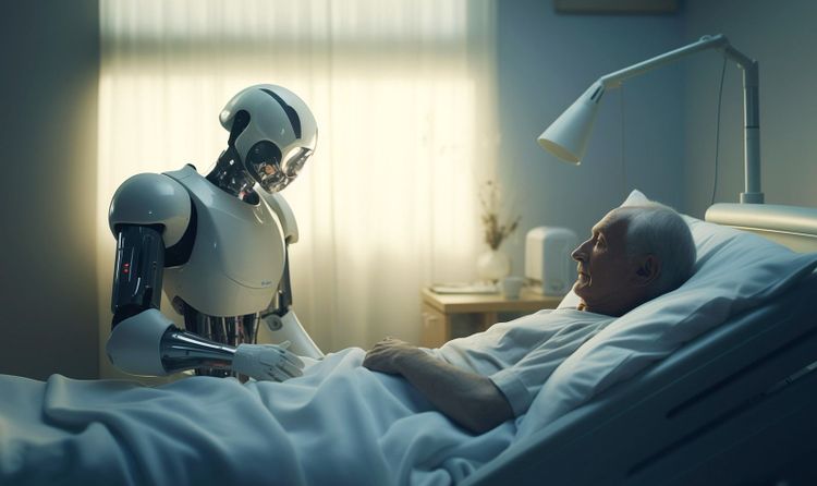 Humanoider Roboter am Krankenbett eines älteren Menschen. KI-generiertes Bild.