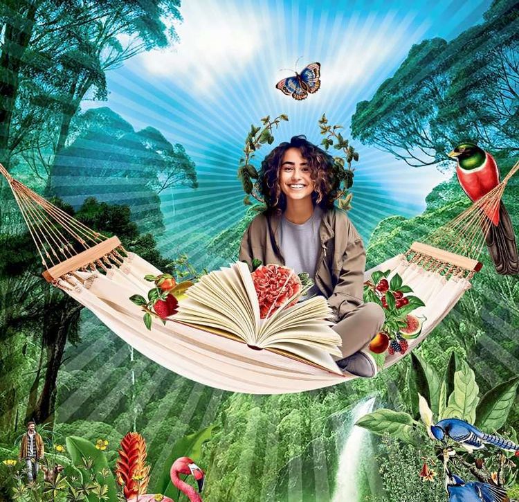 Illustration Mädchen mit Buch in der Hängematte, mitten in der Natur