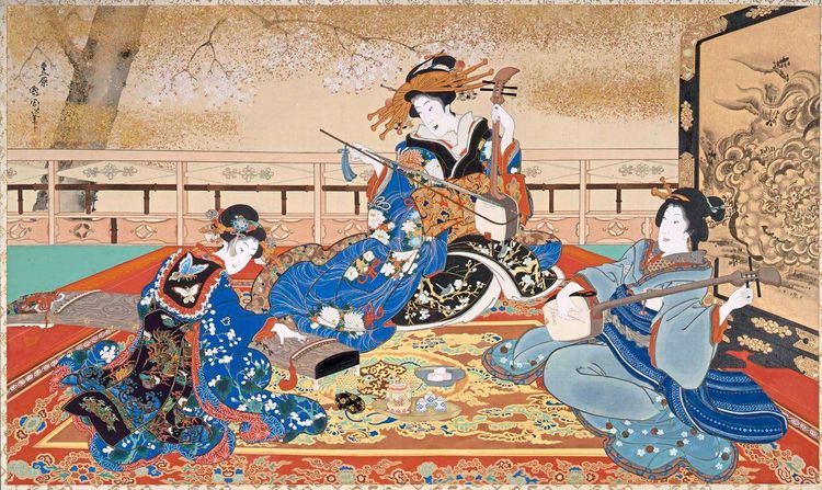 TOYOHARA Kunichika, drei musizierende Kurtisanen, Japan, vor 1872, Malerei mit Tusche und Farben auf Seide