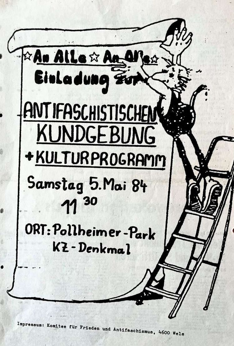 Flugbatt zu einer antifaschistischen Kundgebung in Wels 1984.