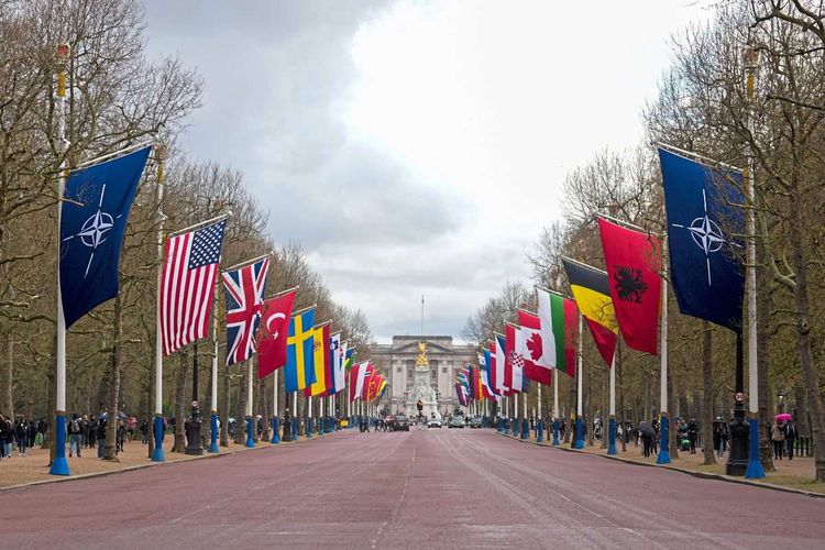Nato-Flaggenparade anlässlich ihres 75-jährigen Bestehens vor dem Buckingham Palace in London.