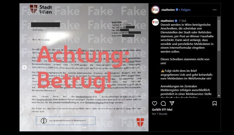 Screenshot einer Warnmeldung der Stadt Wien auf Instagram