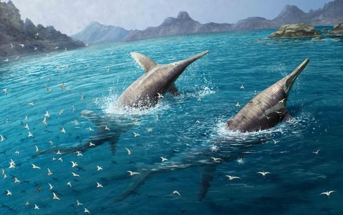 Zwei Ichthyotitan severnensis-Exemplare mit langen Schnauzen schwimmen im blauen Meer, umgeben von Vögeln.