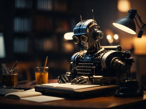Ein Roboter sitzt an einem Schreibtisch und liest ein Buch.