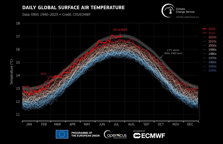 Der Graph zeigt eine Kurve mit den gemessenen Temperaturen seit den 1940er-Jahren pro Jahr