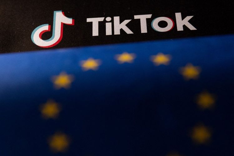 Illustration zeigt eine EU-Fahne und das Logo von Tiktok