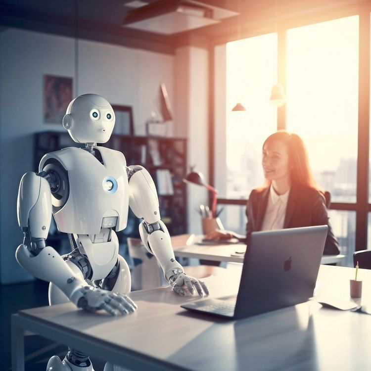 Roboter steht vor einem Laptop, daneben sitzt eine Frau an ihrem Schreibtisch