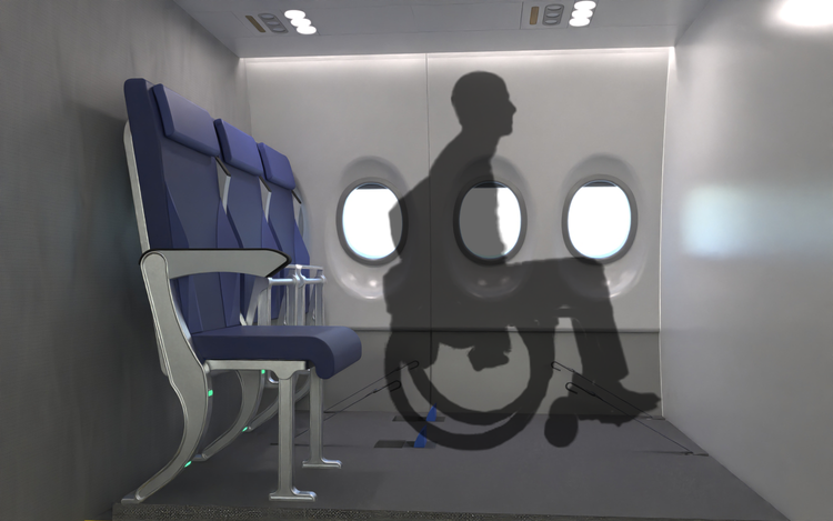 Das Wheelchair Space and Securement System (WSSS) der Universität Virginia Tech in Kooperation mit Boeing, All Wheels Up und Collins Aerospace kommt Fluggästen mit eingeschränkter Mobilität zugute.