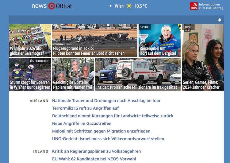 Die Startseite von ORF.at am Donnerstagnachmittag.