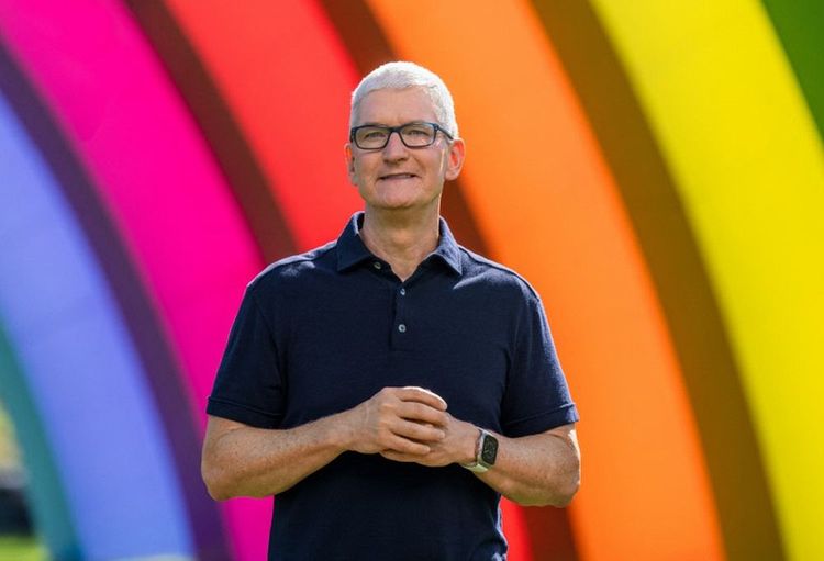 Apple-CEO Tim Cook vor einem Regenbogenhintergrund