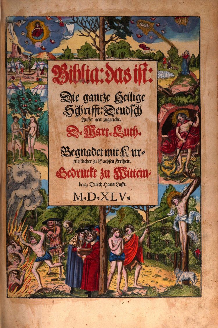 Titelseite einer mittelalterlichen Bibel mit Illustrationen