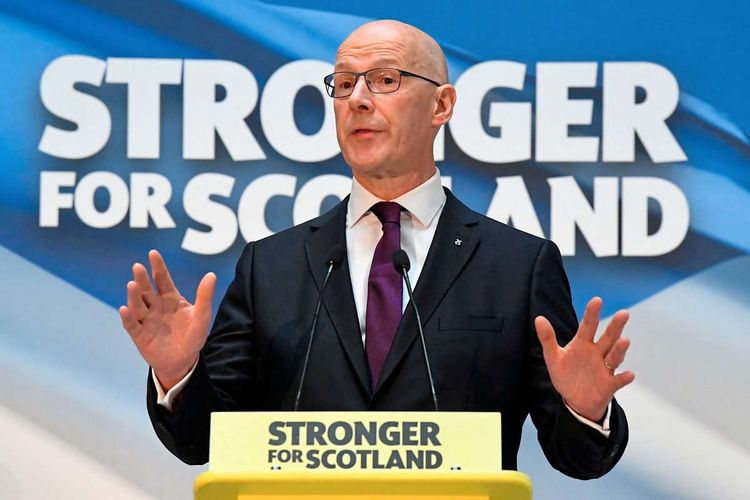 John Swinney, der neue Chef der Schottischen Nationalpartei (SNP), bei seiner Antrittsrede in Glasgow.