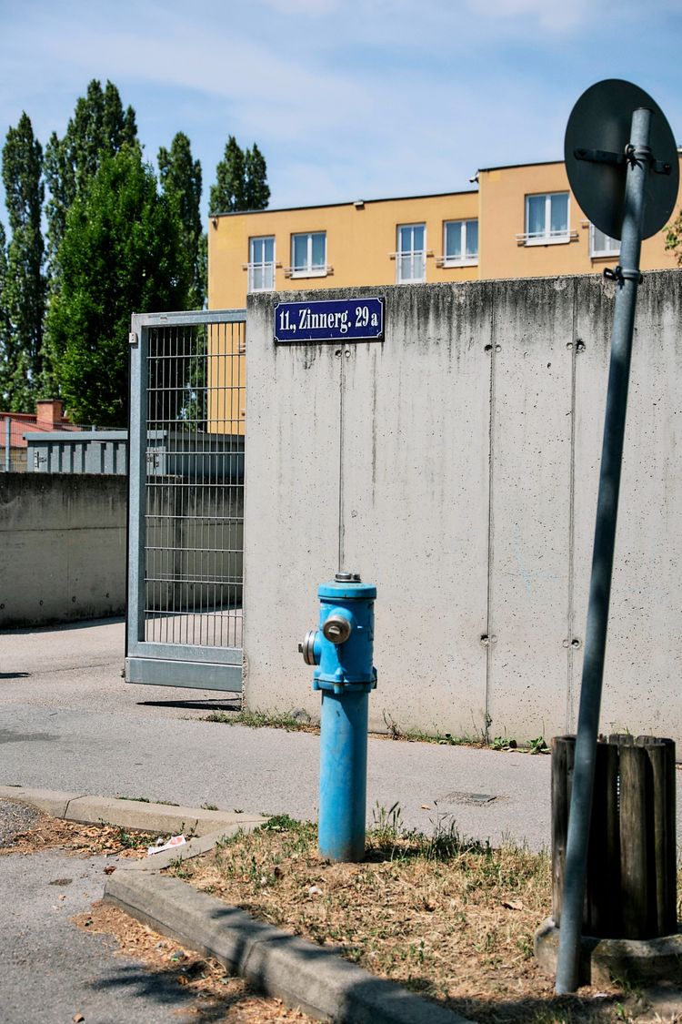Ein blauer Hydrant steht auf einer Grünfläche am Straßenrand vor einer Betonmauer mit einem angebracht Straßenschild, auf dem „11., Zinnerg. 29a“ steht. Im Hintergrund sind ein gelbes Gebäude und Bäume zu sehen.