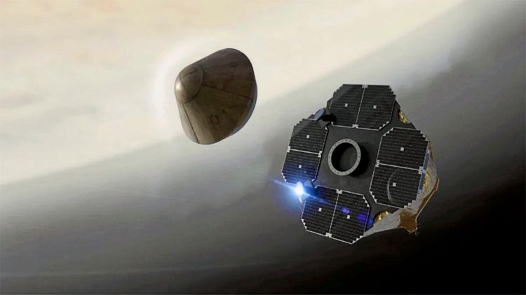Ein kegelförmiger Messkopf ist von einer Raumsonde mit Solarpanelen getrennt und bewegt sich in Richtung der Venusatmosphäre. Die Szene zeigt den Abwurf des Messkopfes im Weltraum.