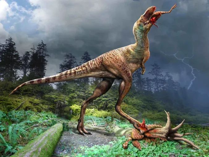 Zeichnung eines Dinosauriers, der einen kleineren verschlingt