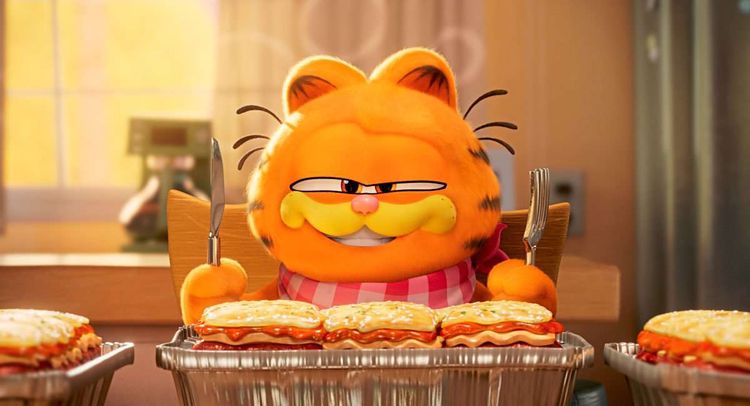 Garfield bei seiner Lieblingsbeschäftigung, dem Verspeisen von Lasagne. 