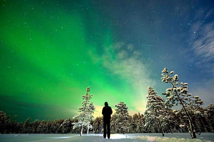 Person steht vor Schneelandschaft mit grünen Nordlichtern am Himmel.