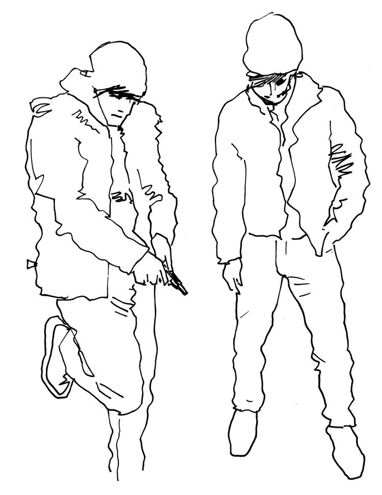Grafische Darstellung von zwei männlichen Jugendlichen, einer hat eine Waffe in der Hand.