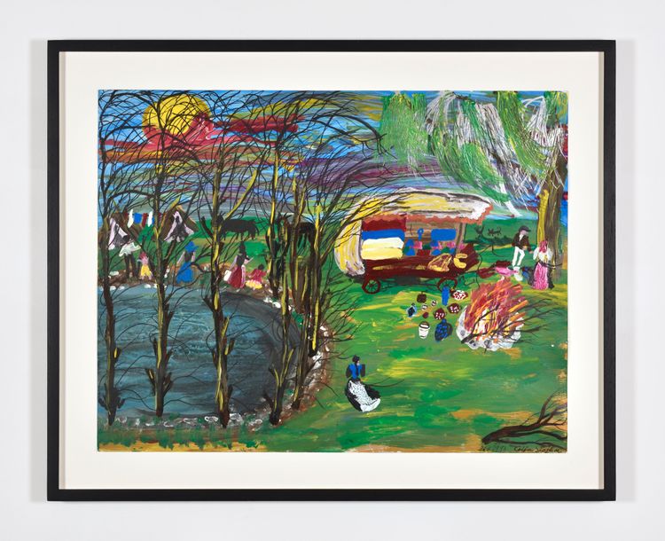 Darstellung einer Szene mit Personen, Wohnwagen und Tieren in der Natur vor einem Teich.