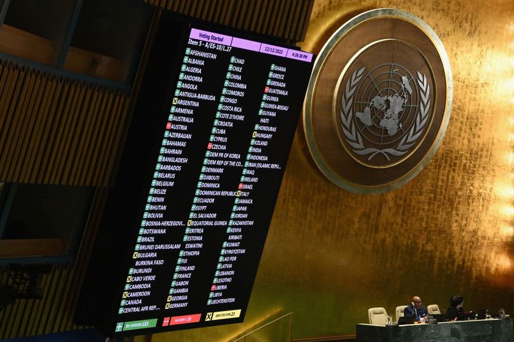 Großer Bildschirm mit laufender Abstimmung im Saal der UN-Vollversammlung