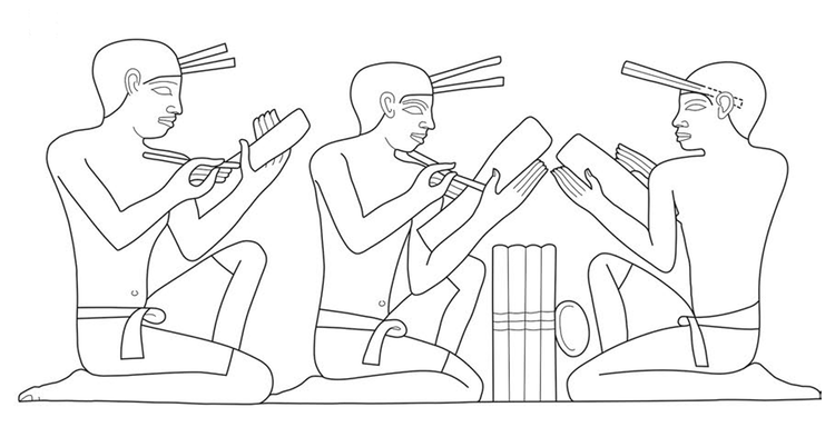Schwarzweiß-Illustration von drei Schreibern, zwei nach rechts, einer nach links gewandt, die Schreibgeräte in ihren Händen halten.