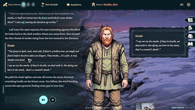 Screenshot eines Videospiels mit einer Dialogszene. Links wird Text angezeigt, in dem eine Figur namens Aud den Rat eines erfahrenen Spähers, Leif, einholt. Rechts ist die Figur Leif abgebildet, ein bärtiger Mann in warmer Kleidung. Im Hintergrund eine verschneite Landschaft bei Sonnenuntergang. Optionen und Statusanzeige des Spiels sind oben eingeblendet.