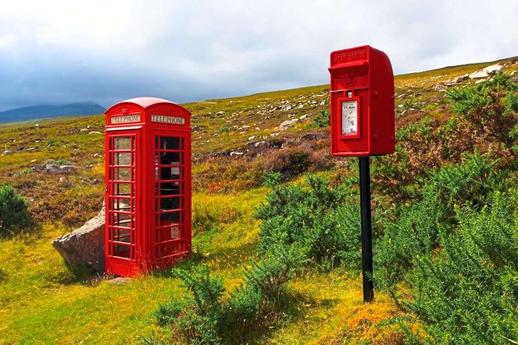 Telefonzelle, Briefkasten, Landschaft, Schottland