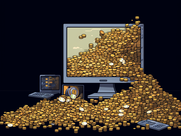 KI-generierten Bild von Computermonitor mit vielen Münzen