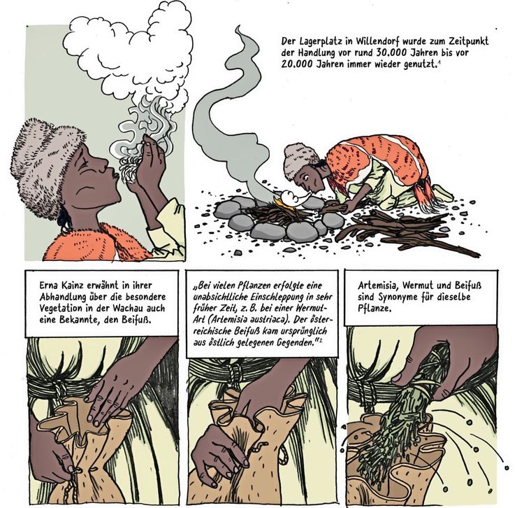 Eine Comic-Sequenz zeigt eine Frau am Lagerfeuer bei einer spirituellen Handlung. Eine Person in traditioneller Kleidung hält Kräuter und rauchende Pflanzen über einem Feuer. In der Szene werden Beifuß-Pflanzen verwendet und beschrieben.