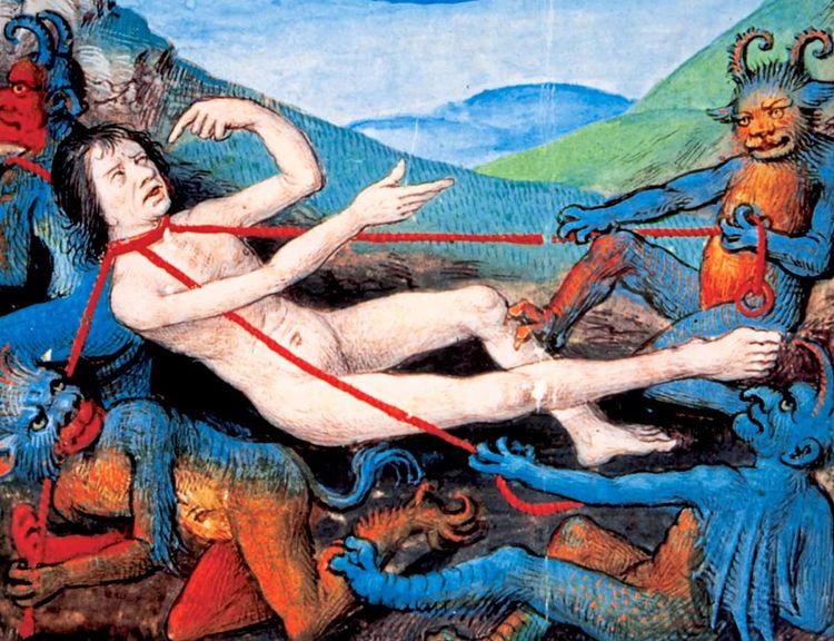 15. Jahrhundert Gemälde, das einen gefesselten Toten in der Hölle zeigt, umgeben von blau gefärbten Dämonen und Teufeln